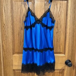 Victoria's Secret Royal Blue Satin Slip with Black Lace Trim